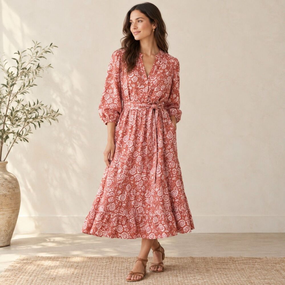 Cleobella Sara Midi Dress Terracotta Floral Cotton Sz M Long Sleeve Pockets